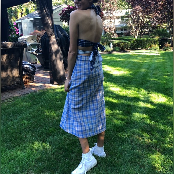 Urban Outfitters Plaid Patchwork Halter Open Back Tie Midi Dress - Picture 2 of 14